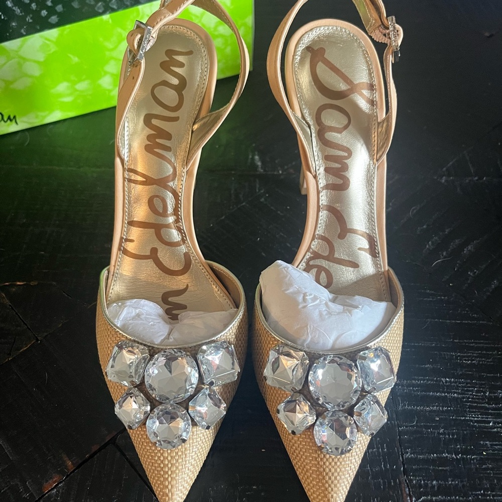 Sam Edelman straw textured jeweled slingback heels Size 8.5M NIB